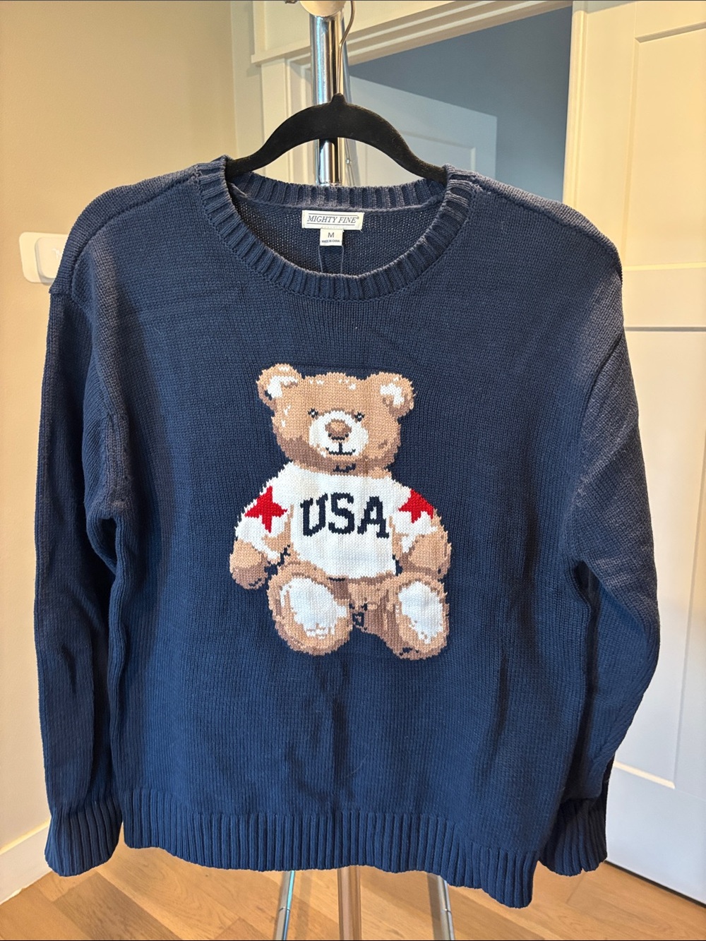 Mighty Fine Navy Crewneck Sweater with Teddy Bear USA Intarsia